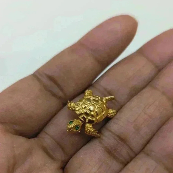 Monet Gold Turtle Brooch with Green Gem Eyes - Picture 3 of 5